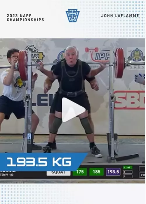 Vidéo John LaFlamme - Powerlifter de 72 ans - Record Squat 193,5kg